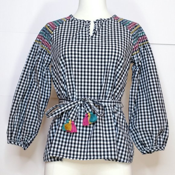 Madewell Tops - Madewell Smocked Gingham Top XXS Rainbow Stitching Tassel Belt Balloon Sleeve